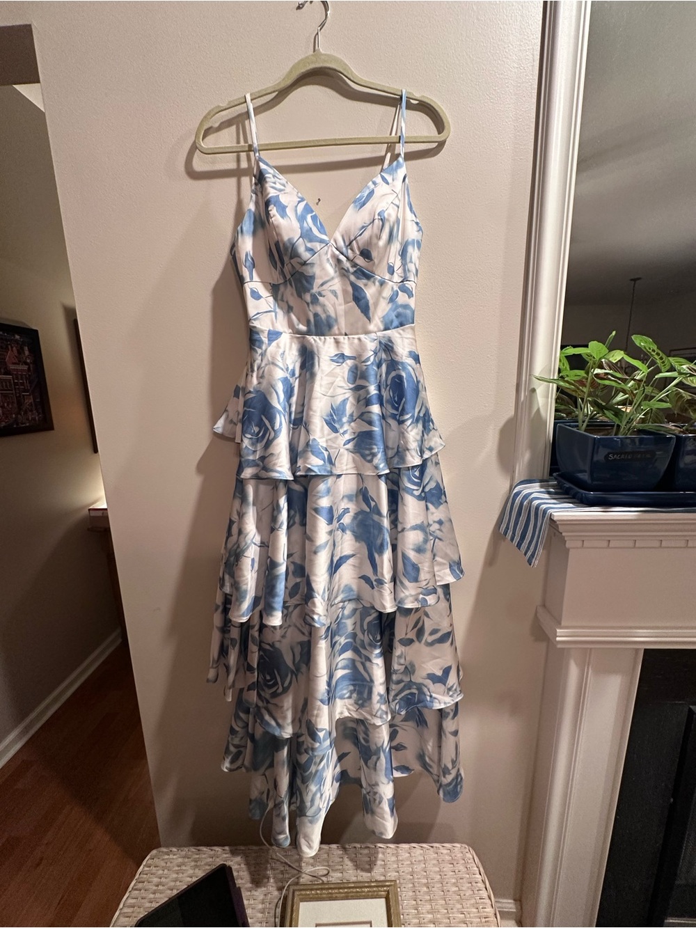 Blue & White Floral Tiered Maxi Dress with Spaghetti Straps
